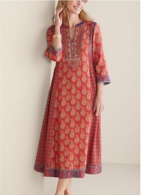 Soft Surroundings Phoenix Midi Dress Red Block Print XL Rayon Embroidered Detail